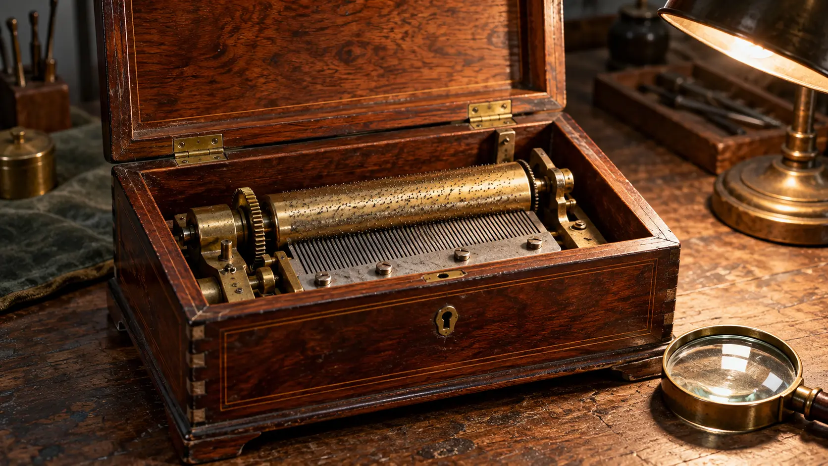 Boîte à musique ancienne en bois ouverte avec mécanisme et loupe d’inspection