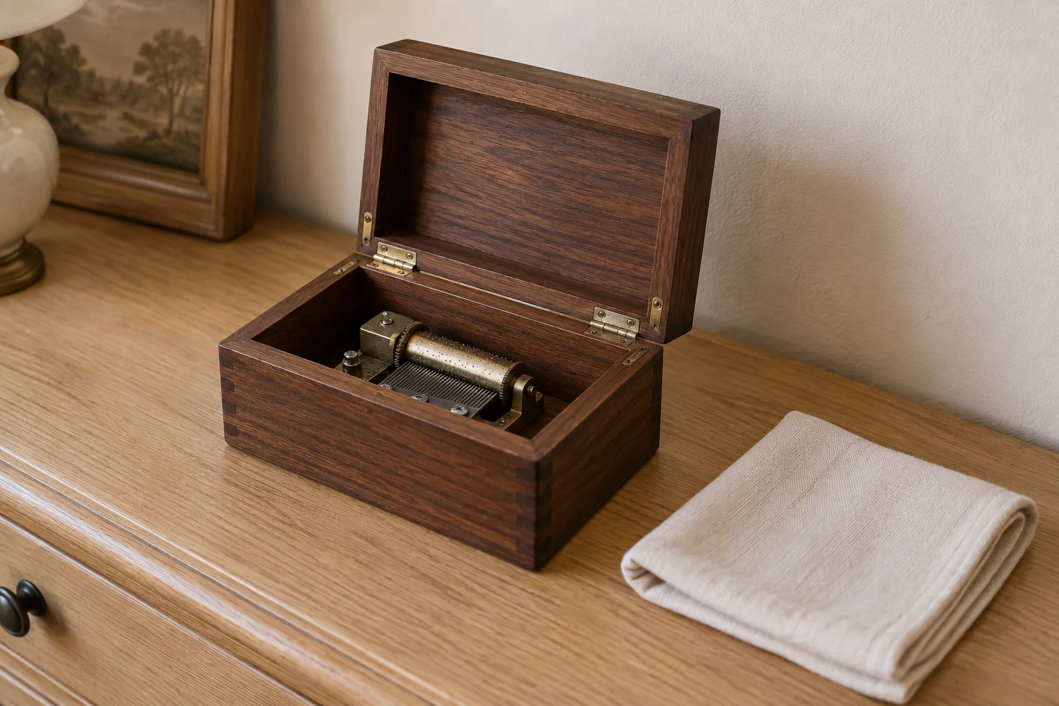 Coffret musical en bois ouvert sur une commode, avec un chiffon doux posé à côté.