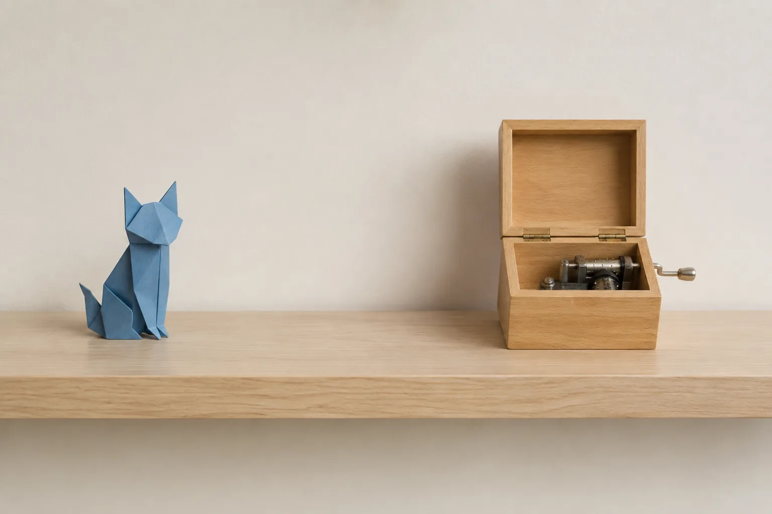 Chat bleu en papier et coffret musical ouvert, espacés sur une étagère.