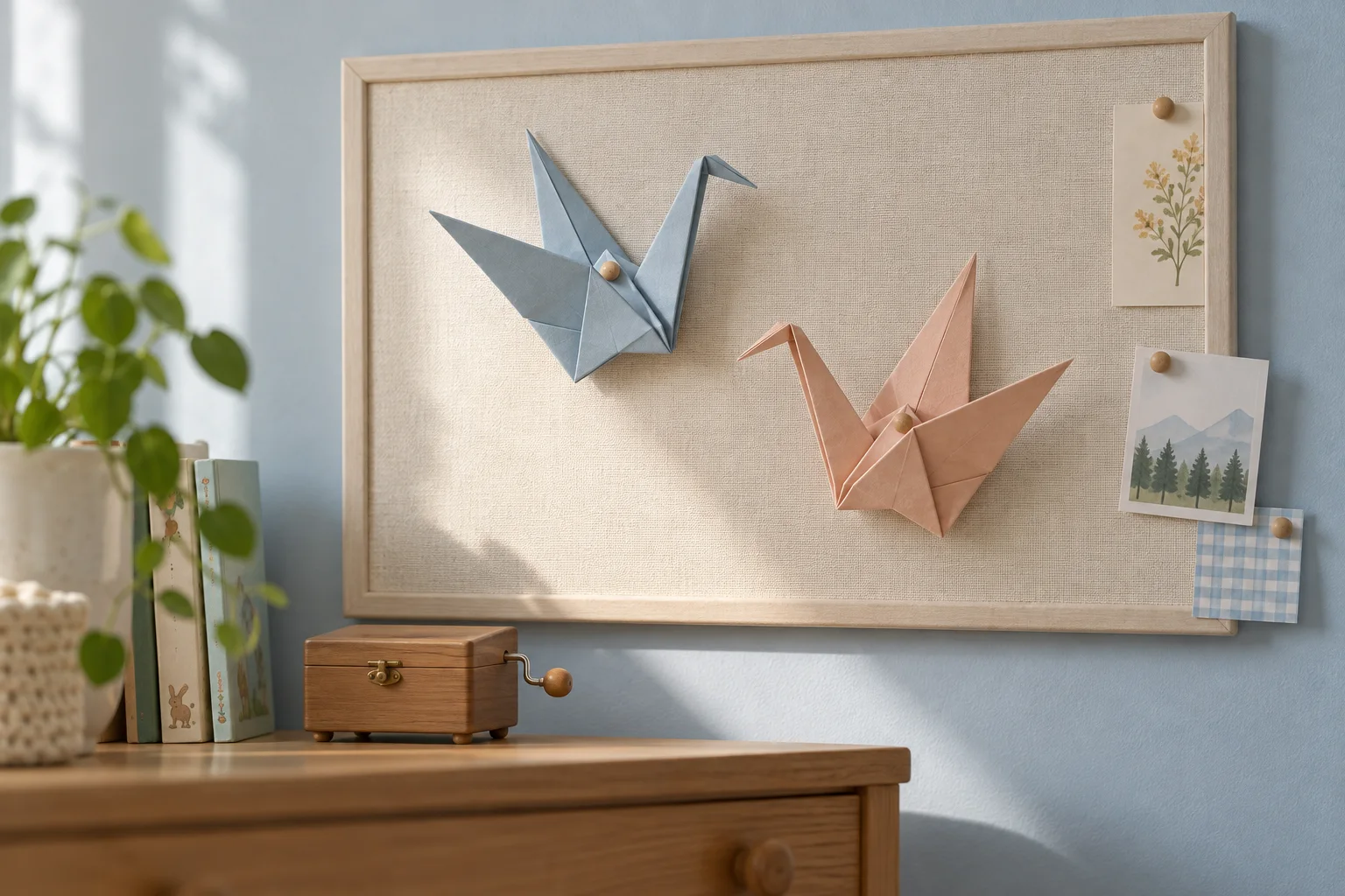 Illustration de deux grues en papier bleu et pêche fixées sur un panneau décoratif.