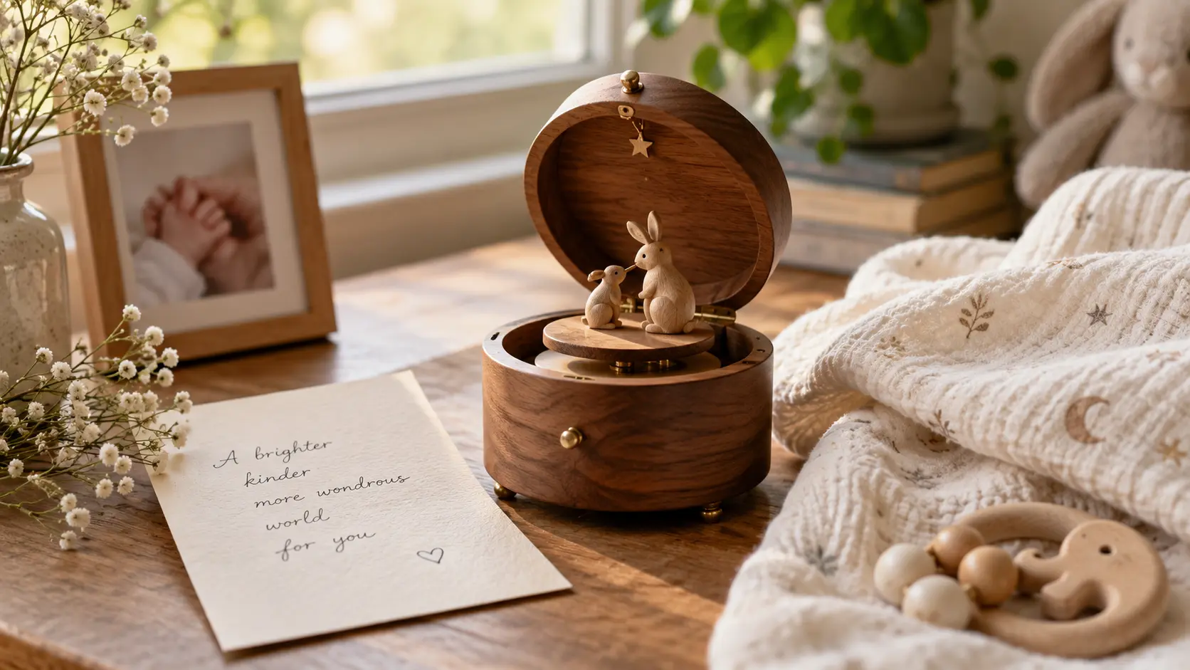 Boîte à musique en bois, carte manuscrite et couverture de bébé