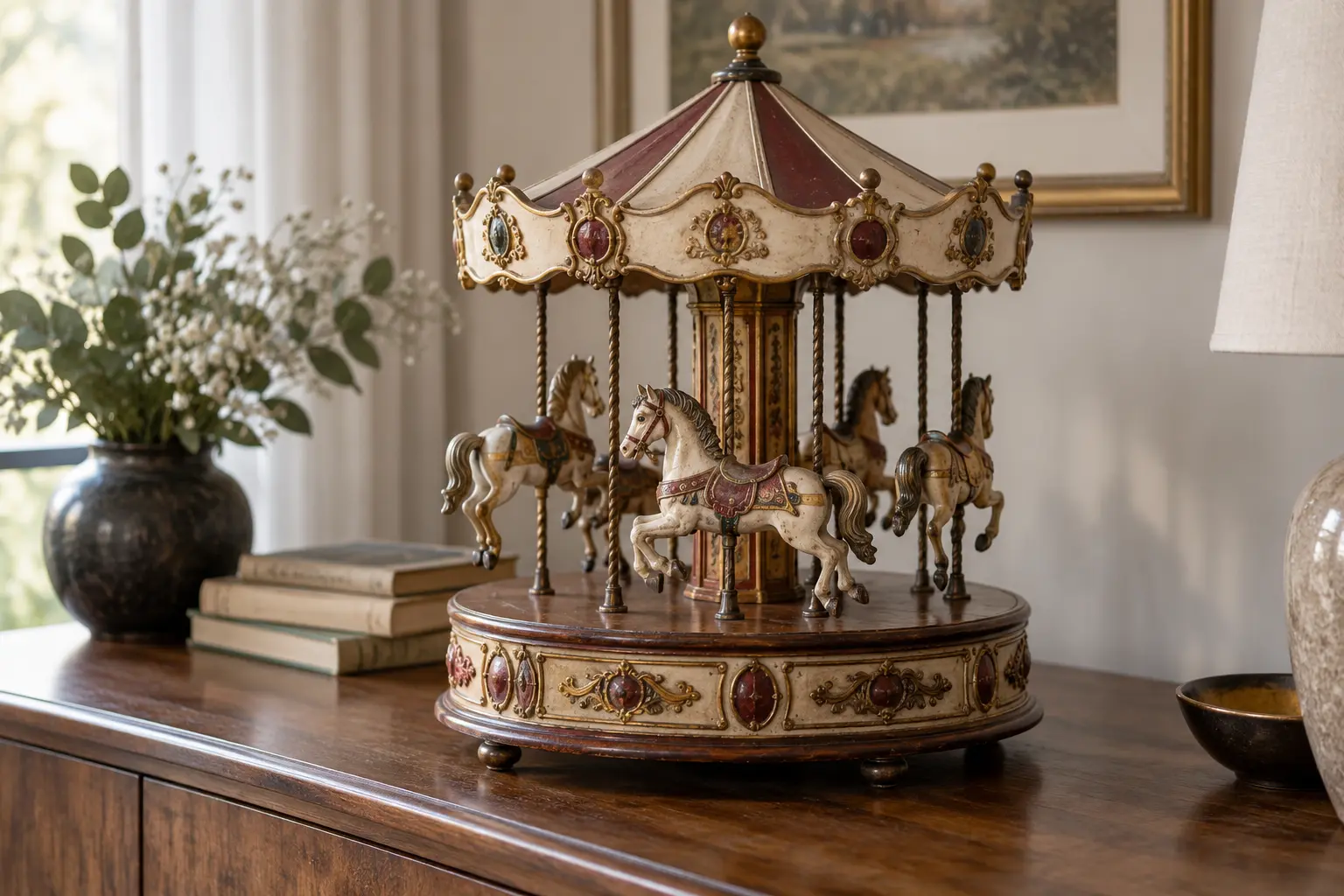 Carrousel musical miniature posé sur une console, vu de trois quarts